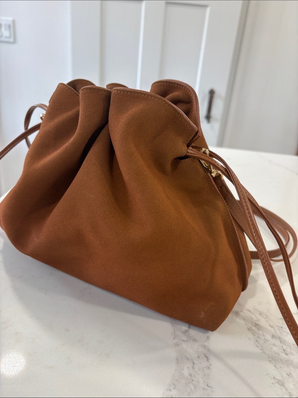 Ann Taylor Cognac Brown Suede Drawstring Shoulder Bag Purse - Picture 9 of 14